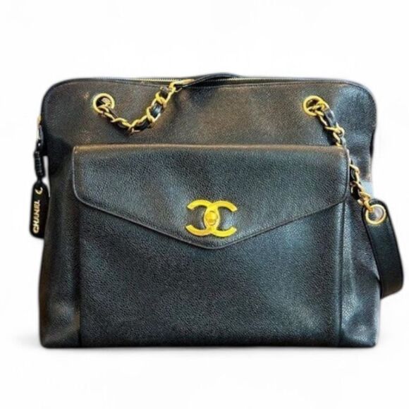 Authentic Vintage CHANEL Black Caviar Leather CC Logo Turn Lock Chain St… - Picture 4 of 15